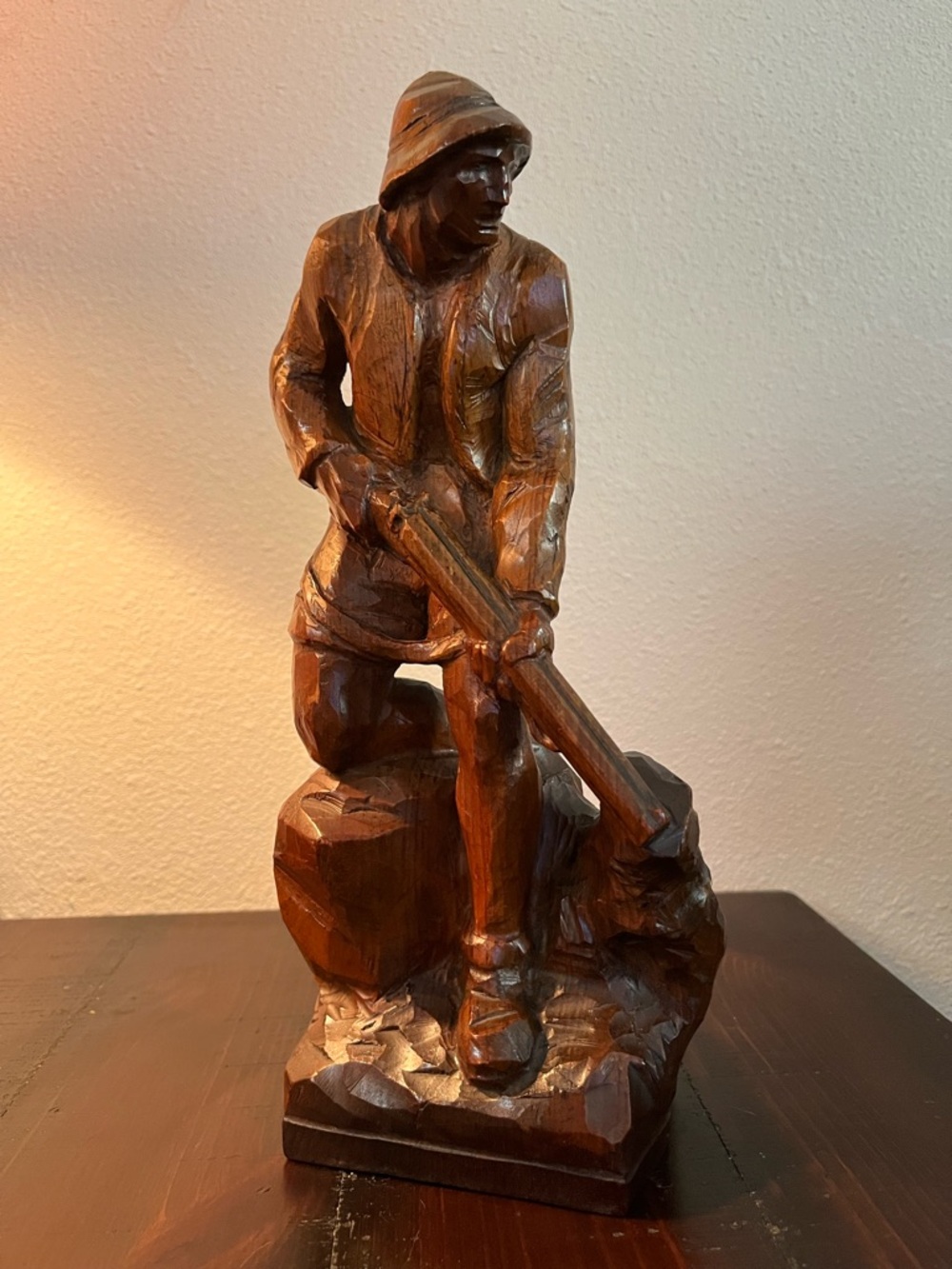 Hand Carved Wood Sculpture Signed Alfredo Moroder Italy Hunter Figure
